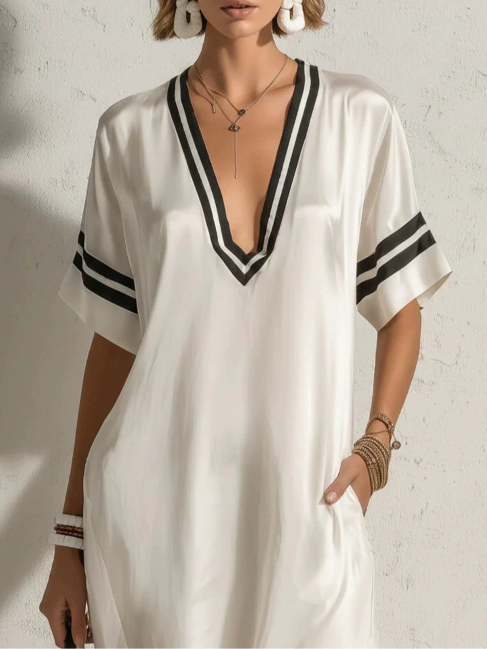 ZARA Satin Stripe Deep V Short Sleeve Maxi Slit Dress